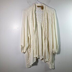 Womens Wrangler Open Cardigan Blouse Embroidered Lace Cut Outs 3/4 Sleeve Cream